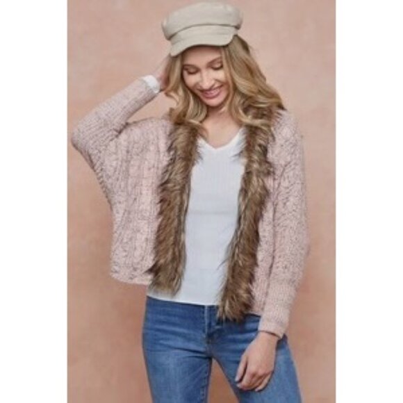 Faux Fur Trim Brown Cable Knit Cardigan | Boho Grunge Fairy Cottagecore Cozycore - Picture 1 of 16